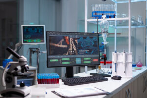 empty laboratory with scientific monitor on desk